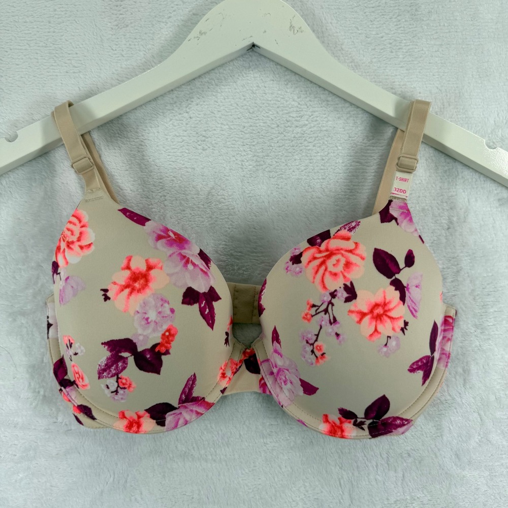 PINK Victoria's Secret‎ T Shirt Bra Floral Print Beige Pink Purple 32DD